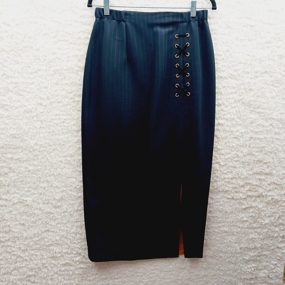 Skirt Pencil Maxi Black Goth Pinstripe Lace Up Mob Wife Lined Office Siren Sz M